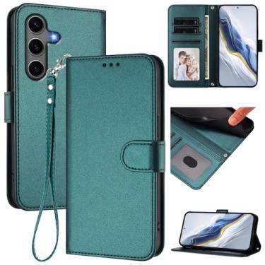 Imagem de Capa carteira para Samsung Galaxy S25 Plus, capa fina de couro com compartimentos para cartões, alça de pulso e suporte, capa protetora à prova de choque para homens e mulheres (verde escuro)