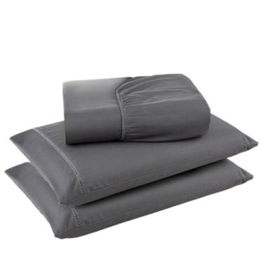 Imagem de Jogo De Lençol Com 3 Peças, Fronha Com Ponto Palito, Tecido Suave(Cinza,Casal)