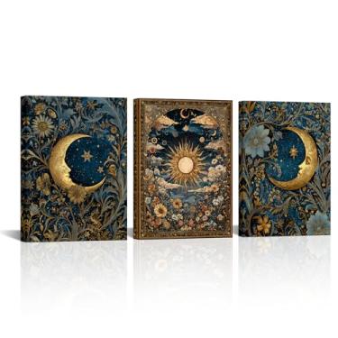 Imagem de LyerArtork 3 peças de arte de parede celestial sol e lua impressões em tela gótica escura academia estética flores silvestres arte tarô lua crescente decoração de parede para quarto sala de estar 30,5