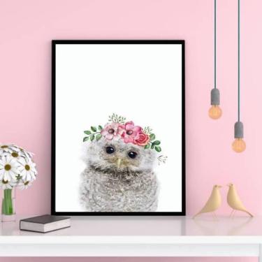 Imagem de Quadro Corujinha Coroa De Flores Moldura Preta 24X18Cm