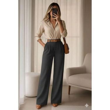 Imagem de Conjunto Elegância Executiva Calça Pantalona Camisa Social Listrada lo