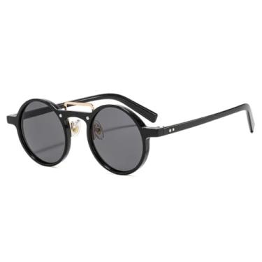 Imagem de HCHES Óculos de Sol Redondos de Luxo Estilo Punk Feminino Retrô com Lentes Transparentes Degradê Oceano, Proteção UV400 e Rebites (Preto-Preto)
