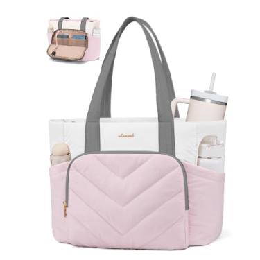 Imagem de LOVEVOOK Bolsa feminina acolchoada em V com zíper, grande bolsa de ombro para trabalho, viagem, enfermeira, professora, Cinza, rosa, M-15.6 inch