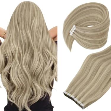 Imagem de Ve Sunny Extensões de cabelo humano com fita adesiva para cabelo loiro dourado com destaques em extensões de cabelo loiro claro em extensões de 35,5 cm para mulheres, 20 peças, 50 g