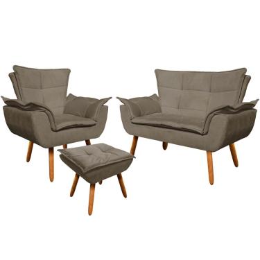 Imagem de Conjunto Poltrona Puff e Namoradeira Pés Palito Charger Suede Nude - Gran Belo