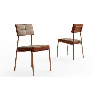 Imagem de Cadeira Sala De Jantar Neo 1740 Aço Kit 2 Uni Cobre/linho Areia/courino Caramelo - Carraro