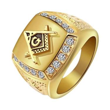 Imagem de Anel Maçônico De Aço Inoxidável 316L Dourado Com Cristais Bling Hip Ho