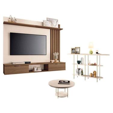 Imagem de Painel Suspenso Lets Castanho Off White Com Mesa De Centro Sky E Aparador Infinity Off White - Hb Móveis