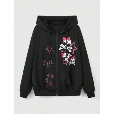 Imagem de Moletom Feminino Rosa Com Estampa De Estrelas E Caveiras, Confortável,