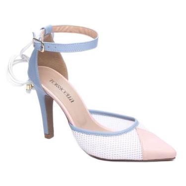 Imagem de Sapato Scarpin Feminino Branco Azul Salto Alto Estiloso Confortável - 