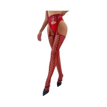 Imagem de Meia-calça De Cintura Alta Com Cinto De Ligas Em Rede, Sexy, Vazada, D