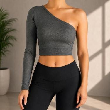 Imagem de Cropped Feminino Um Ombro Só Manga Longa Barra Liso Suplex PP ao Plus 