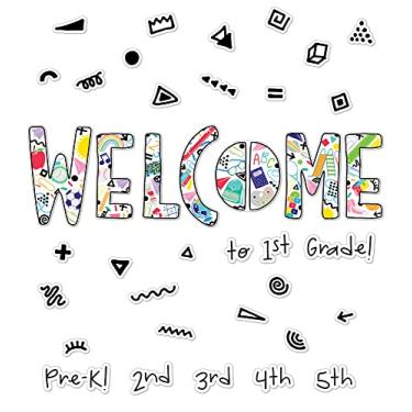 Imagem de Carson Dellosa Conjunto de quadro de avisos de boas-vindas Happy Place, letras coloridas "Welcome", detalhes de rabiscos e palavras de 9 graus, decoração de escola ou sala de aula (45 peças)