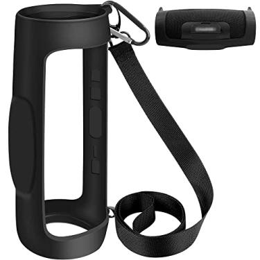 Imagem de Capa de silicone para caixa de som JBL Charge 4 portátil, impermeável, sem fio, Bluetooth, gel de viagem, bolsa de transporte de borracha à prova d'água com alça (preto)