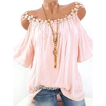 Imagem de yeacher -border roupas femininas europeias e americanas 2021 verão desejo ebay popular renda redonda gola redonda sem alças camiseta cor sólida feminina rosa S