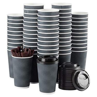 Imagem de Copos de café descartáveis com tampas e canudos – 473 ml (conjunto com 90) Togo copo de café de papel quente com tampa para levar para bebidas, chá expresso, reutilizável, bebidas frias, copos de ondinha protegem os dedos do aquecimento