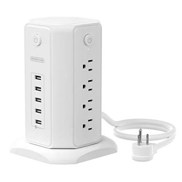 Imagem de Power Strip Tower, NTONPOWER Cabo de extensão de tomada plana com tira de força 1,8 m, 8 saídas 5 USB estação de carregamento para desktop, interruptores individuais, 1080 joules, disjuntor, para home office