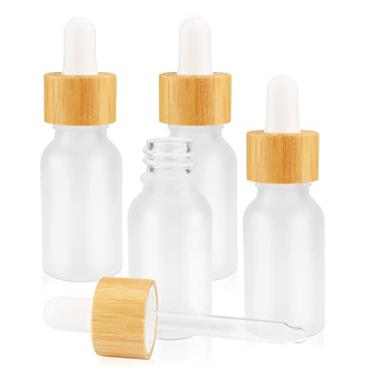 Imagem de Pacote com 4 frascos conta-gotas de vidro fosco, frascos de óleo essencial com conta-gotas e tampas de bambu, frascos de perfume, recipientes líquidos para cosméticos (15 ml)