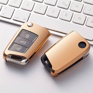 Imagem de CSHU TPU 3 botões Porta-chave inteligente para chave do carro Capa da chave do carro Capa do chaveiro Anel para chave, adequado para assento Leon Ibiza MK2 MK3 5F 6L 6J FR Ateca, ouro