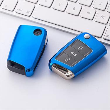Imagem de CSHU TPU 3 botões Porta-chaves do carro inteligente Capa da chave do carro Capa do chaveiro Anel de chaveiro, adequado para assento Leon Ibiza MK2 MK3 5F 6L 6J FR Ateca, azul