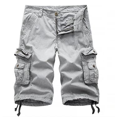 Imagem de Elonglin Short cargo masculino casual de algodão verão retrô com vários bolsos, Cinza, 32 Waist (Asian 34)