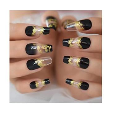 Imagem de Unhas postiças Decoradas para as mãos 24 peças + 12 adesivos (Preto e Dourado)
