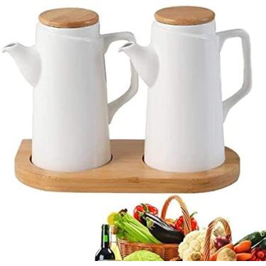 Imagem de Garrafa De Azeite Ou Vinagre Anti-vazamento, Dispensador De Garrafa De Azeite De Oliva De Cerâmica Artesanal, Tampa De Grão De Madeira 500ml, Lata De Armazenamento De Molho De Soja,Branco 500ml,Co
