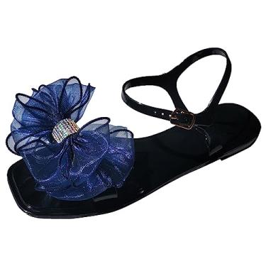 Imagem de Sandálias femininas moda novo padrão decoração arco fundo plano grande fivela confortável tira sandália de pele de cobra para, Azul, 8