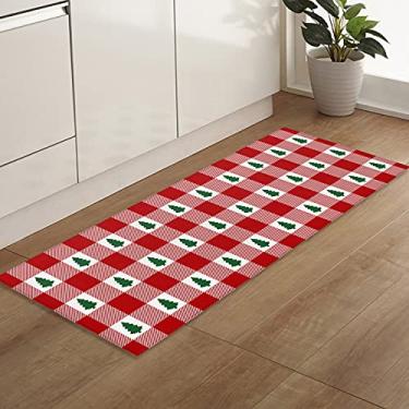 Imagem de Tapetes e tapetes de corredor, 12646 peças de árvores de Natal xadrez vermelho branco xadrez decoração de férias de inverno antiderrapante, tapete de cozinha absorvente, tapete de porta interno com pontos de borracha, tapete de pé 23,6 x 70,9 polegadas