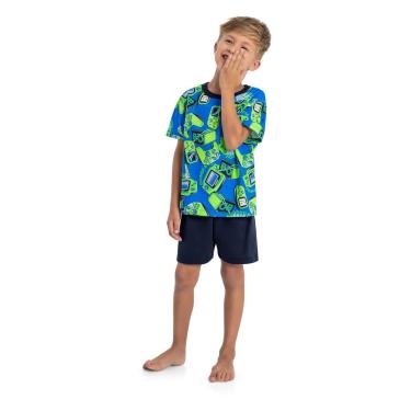 Imagem de Pijama com Camiseta e Bermuda Masculina em Meia Malha Quimby Azul  menino