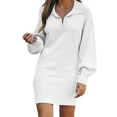 Imagem de UIFLQXX Vestido midi colado ao corpo feminino manga longa suéter sólido comprimento médio vestido de lã vestido de malha vestido maxi, Branco, G