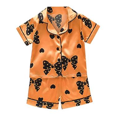 Imagem de CsgrFagr Conjunto de 2 peças para meninas e meninos, conjunto de camisa de manga curta com laço de seda, camisa de botão, roupa de dormir, Laranja, 6-12 Meses