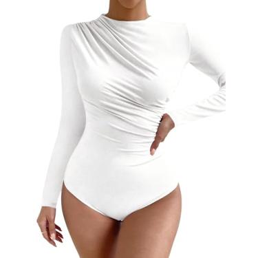 Imagem de OYOANGLE Body feminino casual franzido gola redonda manga longa slim fit camiseta elegante, Branco, P