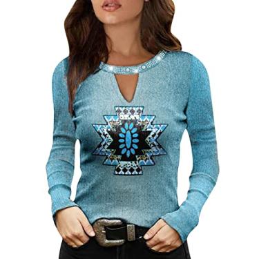 Imagem de Tops femininos de manga comprida com estampa asteca e decote em V ocidental Camiseta Sensual Uniforme Túnicas Primavera Camiseta feminino Camiseta Étnico Tribal Geométrico F21-Azul 3X-Large