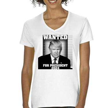Imagem de Camiseta feminina com gola V Donald Trump Wanted for President 2024 Mugshot MAGA America First Republican Conservative FJB Tee, Branco, GG