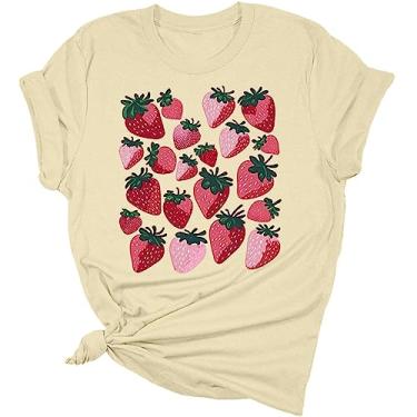 Imagem de Blusas femininas modernas de manga curta grandes com estampas para sair, blusas de algodão de verão, camisetas florais túnica para noite, Bege, GG