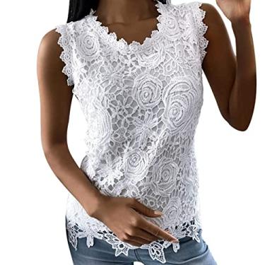 Imagem de Camiseta feminina de renda, estampada, para treino, grande, sem mangas, Y2K, blusa de verão, boho, colete formal, Branco, P