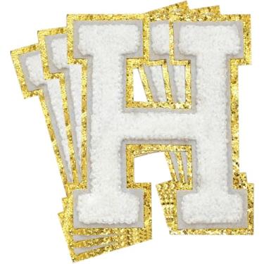 Imagem de 3 Pçs Remendos de Letra Chenille Remendos de Letras Douradas Glitter Ferro em Remendos de Letras Varsity Remendos Bordado de chenille Remendos Costurados para Roupas Chapéu Bolsas Jaquetas Camisa (Ouro, H)