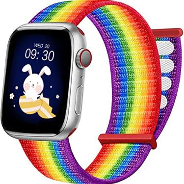 Imagem de SMARTVIN Pulseira para Apple Watch para crianças, compatível com Apple Watch Series 7/6/5/4/3/2/1/SE 38 mm, 40 mm e 41 mm, pulseira de substituição esportiva de nylon macio respirável para meninos e meninas, pulso pequeno, arco-íris