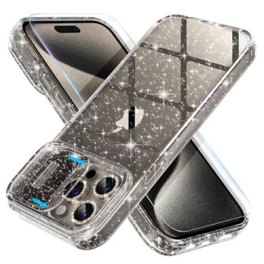Imagem de Choiche Capa feminina para iPhone 15 Pro Max, linda capa brilhante com glitter, [capa deslizante para câmera e 3 protetores de lente de câmera diamantes] [2 protetores de tela de vidro temperado] 6,7