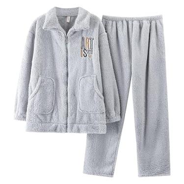 Imagem de LUBOSE Pijama longo feminino, conjunto de pijama grosso de flanela, pijama de duas peças, conjunto de pijama casual de manga comprida (3GG, cinza)