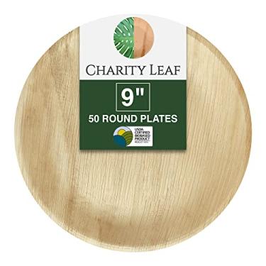 Imagem de Charity Leaf Pratos redondos descartáveis de folha de palmeira de 23 cm (50 peças) Travessas de servir de bambu, tábuas descartáveis, louça ecológica para casamentos, bufê, eventos