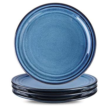 Imagem de Hasense Conjunto de pratos de jantar de cerâmica com 10 cm de porcelana grande para macarrão e salada, conjunto de pratos de grés azul para micro-ondas, forno e lava-louças