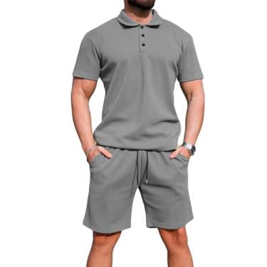 Imagem de Uni Clau Conjunto masculino de 2 peças, camisa polo de verão e shorts, conjunto de treino casual musculoso, Cinza, 3G