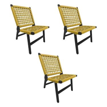 Imagem de Kit 3 Cadeiras Viena Base de Madeira Maciça Preta e Corda Náutica Amarela