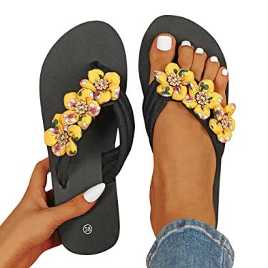 Imagem de Sandálias femininas elegantes de verão sandálias femininas com clipe de dedo do pé casual chinelos chinelos chinelos sem salto sandálias de flores planas, Amarelo, 8.5