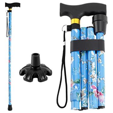 Imagem de Bengala PANZHENG para homens/mulheres | Mobilidade e vida diária | Bengala com 5 níveis de altura ajustável | Bengala dobrável portátil com alça em T de plástico confortável | Estampa azul