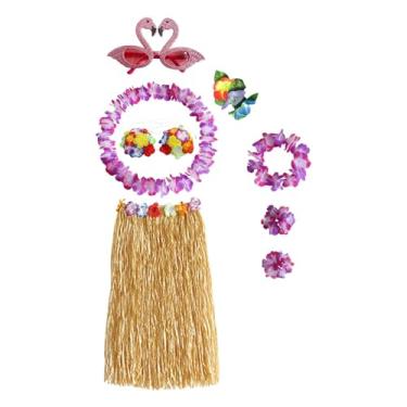 Imagem de UGPLM Colar elástico de saia de grama de dançarina havaiana e faixa de cabeça para celebração, Comprimento da saia 80cm