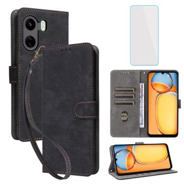 Imagem de IUQXU Capa carteira para celular Redmi 13C com protetor de tela [bloqueio RFID] couro flip suporte para cartão de pulso homens mulheres capa de celular para Xiaomi Poco C65 Redmi 13C preta