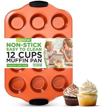 Imagem de 12 Cup Muffin Non Stick Baking Pan, Deluxe Copper Carbon Steel Bake Pan with Black Silicone Handles, Commercial Grade Restaurant Quality Metal Bakeware, Compatible with Model NCSBS52S